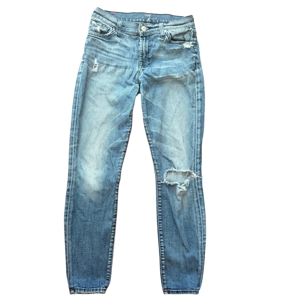 7 For All Mankind Skinny Jeans Womens 26 Blue Distressed Edgy Indie Stretch